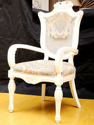 White Antique Wooden Throne Chair Embroidery Pads Dining Chair Upholstery Fabric