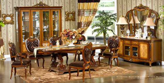 Houten Gesneden Bloem 6 Seater-Eettafel en Stoeleniso14001 Europese Antiquiteit